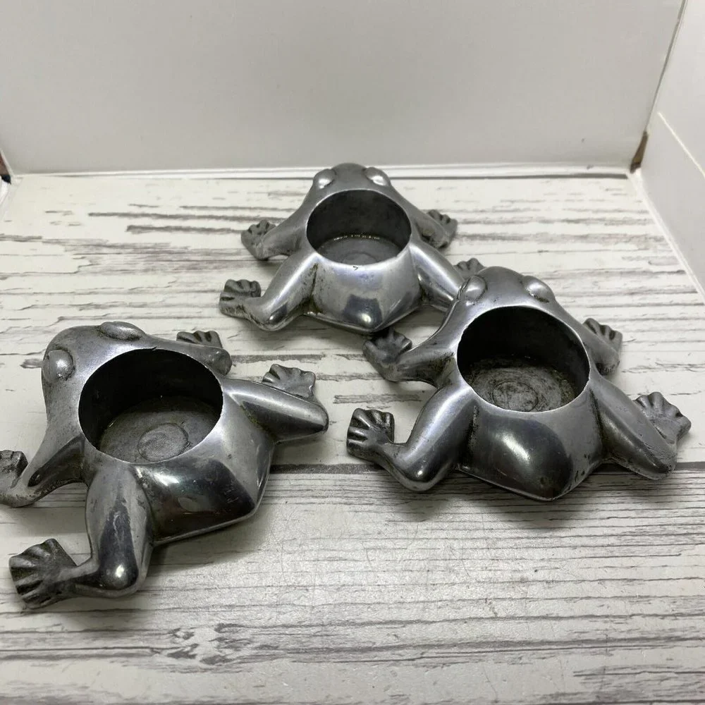 Restoration Hardware Lot 3 Frog Tea Light Candle Holder Aluminum Silver Chrome